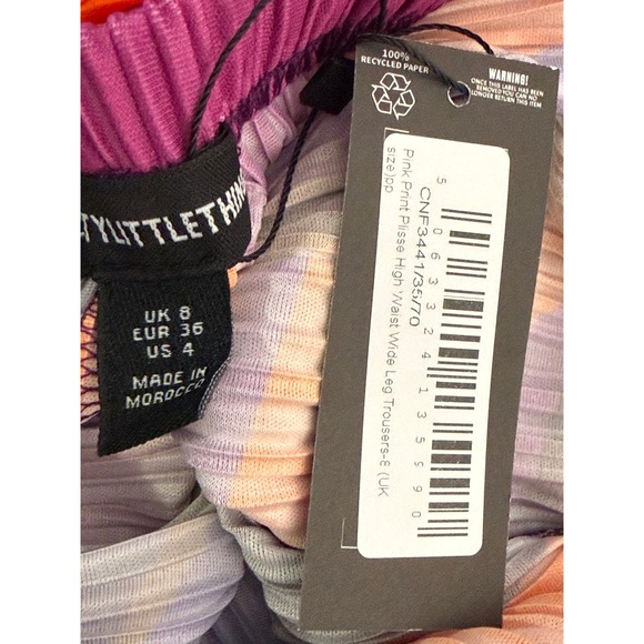 Pretty Little Thing Plisse High Waisted Wide Leg Trousers Pink Purple‎ Print 4 - Picture 10 of 11